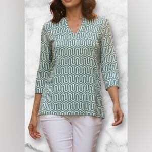 Chico’s Geometric Print V Neck 3/4 Sleeves Turquoise White Size M Chicos Size 1